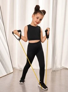 SHEIN 2 Pieces Suit Young Girl Plain Knitted Sleeveless Vest + Matching Casual Pants Sports Outfit - Black - View 3