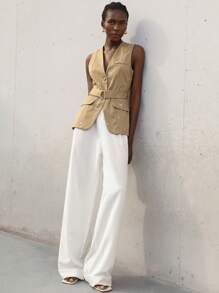 Aveloria Modichic Sophisticated Elegant High-End Commute Embroidered Vest With Matching Waist Belt, Mid-Length Suit Vest - Khaki - View 2