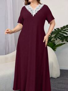 Al Najma Plus Size Women Textured Fabric Short Sleeve Lace Trim Long Arabian Dress - Burgundy - View 6