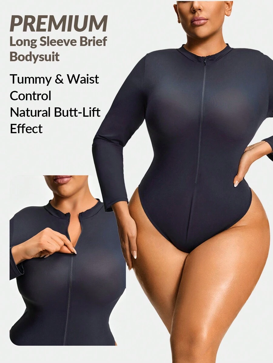 SHAPORA Plus Size Shaping Wear Outside Long Sleeve Shapewear Thong Bodysuit Body Shaper Butt Lifter-Tummy Waist Thigh Control - Black - View 1