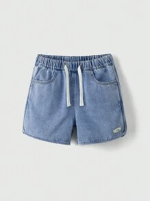 Short vaquero para niñas preadolescentes, estilo casual y cómodo para actividades al aire libre, cintura elástica, ajuste holgado, azul lavado ligero para verano