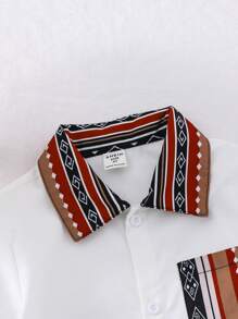 SHEIN 2pcs/Set Young Boy Loose Casual Simple Comfortable Versatile Pattern Patchwork Polo Collar Shirt And Pants Set