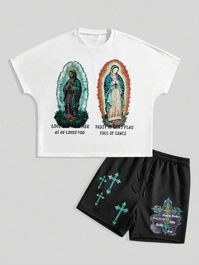 Goth Men's Vintage Painting Heavyweight Graphic Tee Set, Retro Street Style