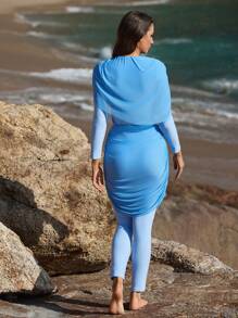 Swim Shayni Women's Solid Color Long Sleeves Top & Pants & Skirt Burkini Set, Slim Fit Casual And Fashionable For Everyday Wear, For Summer Beach Vacation Arabic Clothing