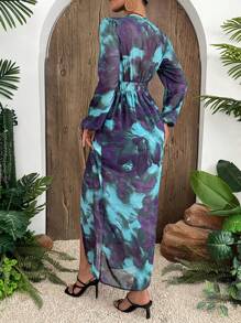 Breezaya Women V-Neck Long Sleeve Floral Print Split Hem Fitted Dress