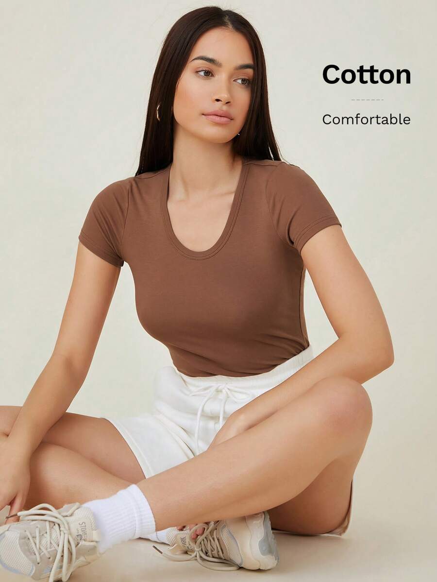 SHEIN BASICS 女士纯色圆领短袖修身休闲 T 恤 - 咖啡棕 - 查看 1
