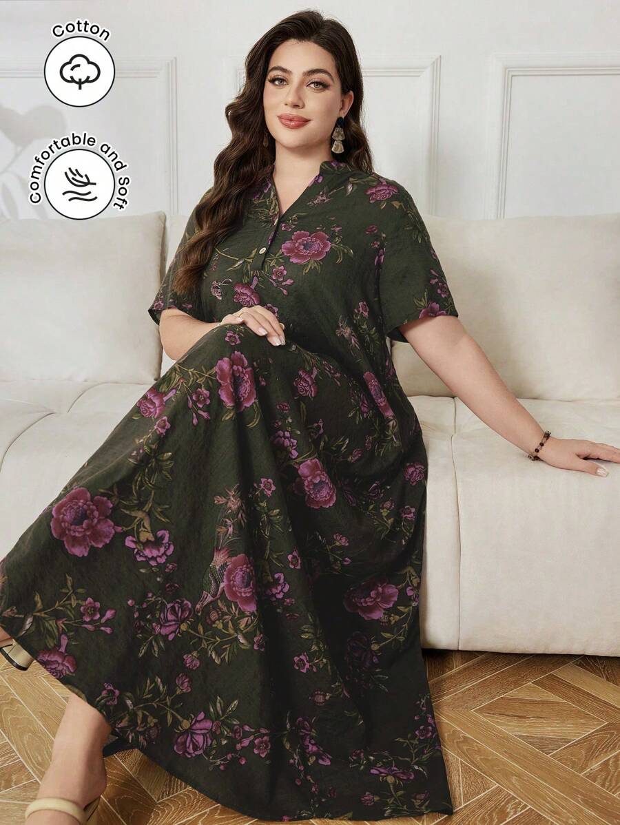 Lacomfia Plus Size Casual Floral Print Short Sleeve Loose Fit Dress, Spring/Summer - Multicolor - View 1