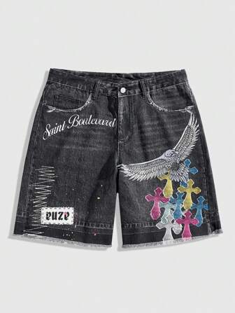 Grunge Punk Men's Street Letter & Eagle Print Pocket Casual Denim Shorts