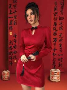 Elenzga 优雅长袖纽扣设计中长连衣裙，简约办公室通勤连衣裙，中国新年服装