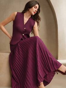 Anewsta Conjunto de chaleco de punto monobotonado y falda midi de punto plisada de unicolor para mujeres, vintage elegante para uso diario en la oficina