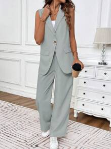 EMERY ROSE Women's Summer Casual Solid Color Vest And Long Pants Suit