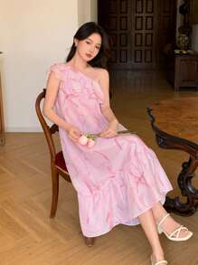 DAZY Floral Ruffled Asymmetric Neck Midi Dress For Women Sundress,Casual Women Dresses - Pink - View 6