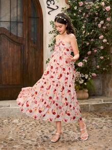 SHEIN Girls Floral Print Elegant Sleeveless Dress, Family Matching Outfits (2 Pieces Sold Separately)