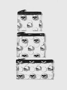 ROMWE Grunge Punk 1pc Transparent PVC Black Skull Design Fashionable Makeup Bag, Perfect For Halloween, Punk Gothic Style - Black - View 4
