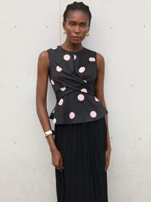 Aveloria Modichic 2pcs Set Women French Style V-Neck Pleated Waist Polka Dot Hem A-Line Sleeveless Top And Pleated Skirt - Black - View 5