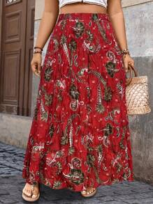 Breezaya Plus Size Women Printed Textured Design Ruffle Detail Skirt, Suitable For Vacation And Daily Commute