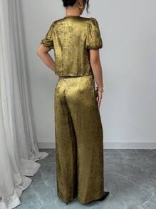 SHEIN Unity Women's Fashionable Everyday Bowknot Puff Sleeve Top And High-Waisted Shiny Pants 2 Pieces Set - Gold - View 4