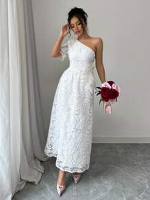 Chiquease White Lace Asymmetric Neck Embroidered Elegant Cocktail Dress