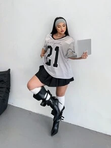 POPSWAY Camiseta casual de mujer de talla grande con estampado de letras y números, cuello en V, para el verano