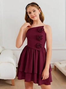 Girlism 少女复古不对称领口 3D 玫瑰迷你露肩连衣裙派对红色花朵抹胸连衣裙秋季服装，适合情人节、圣诞节 - 酒紅色 - 查看 12