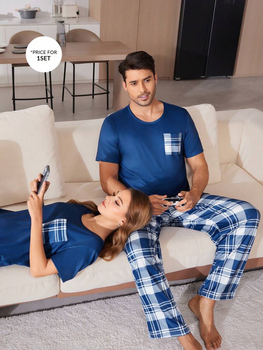 Men's Plaid Print Short Sleeve Top And Pants Pajama Set - Blue - View 1