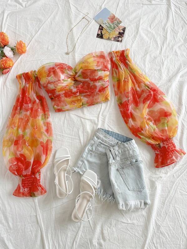 Soleia Vacanță pentru femei Romantic Casual Paște/absolvență/Nunta/Petrecerea înapoi la școală Prânz Grădină Ceai de după-amiază Drăguț pentru fete din organza Acuarelă Bluză cu umăr dezactivat, pentru petrecere, întâlnire, Ziua Îndrăgostiților