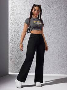 SHEIN EZwear Jeans Casual de Cor Sólida Feminina, Fashion para Uso Diário - Preto - Visão 6