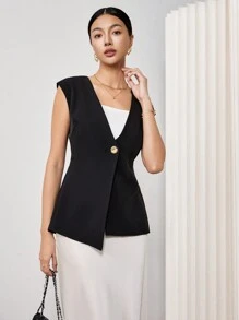 EastFlair Women's Solid Color Front Button Placket Sleeveless Minimalist Top, Casual Everyday Wear/Summer\Vacation - Black - View 5