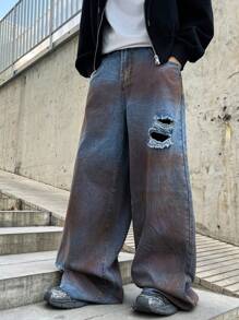Manfinity EMRG Pantalones vaqueros holgados, anchos y desgastados con bolsillos para hombre