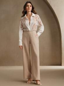 Anewsta Camisa de mujer con cuello versátil de encaje soluble y empalme hueco, para primavera/verano