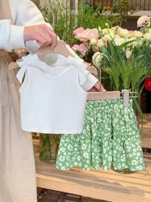 SHEIN LMoss Kids LMoss 女婴针织纯色吊带背心 + 印花雪纺迷你裙 2 件套 - 白色 - 查看 1