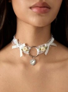 ROMWE Kawaii Japan Kawaii Lolita Lace Lovely Heart Crystal Pendant Necklace With Ruffle Choker For Women
