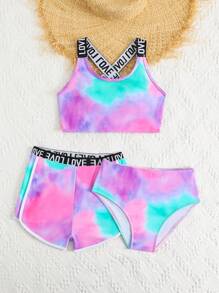 3pcs/Set Tween Girl Lovely Love Pattern Tie Dye Swimwear Set (Random Print) Summer Holiday - Multicolor - View 6