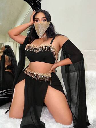 Fantasy Costume 5 件大码网状流苏性感内衣套装