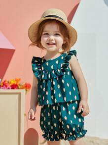 Ensemble top sans manches et short imprimé floral pour bébé fille, été - Vert - Voir 8