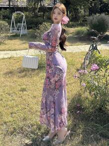 DAZY Rochie de damă cu mânecă lungă, guler cu inimă, cu imprimeu floral, lungime mijlocie, vară elegantă