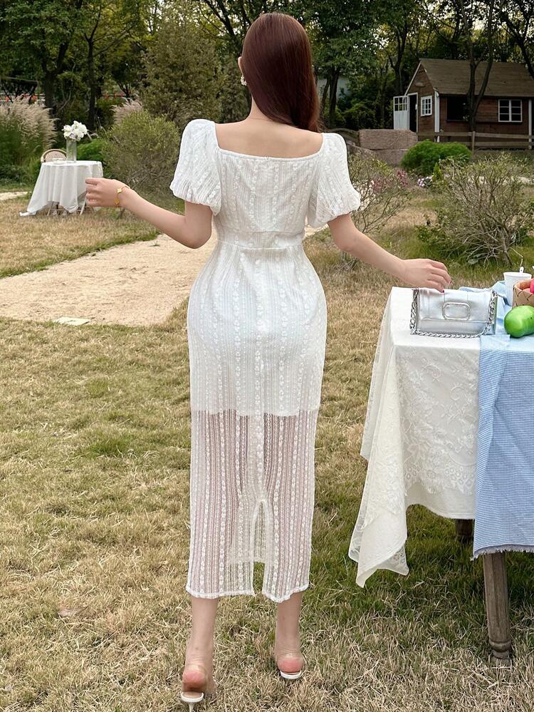 Vestido midi para mujer de unicolor con hombros descubiertos y mangas farol de encaje