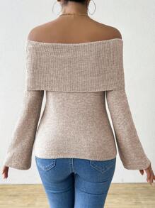 Chiquease Autumn/Winter New Fashion Solid Color Rectangular Off Shoulder Sweater Top Knit Pullover Fall Outfit - Apricot - View 2