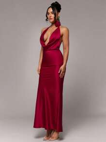 Silquee Robe élégante, sexy et romantique pour une soirée, col drapé en satin Top de gamme avec fleurs 3D pour femmes - Rouge - Voir 7