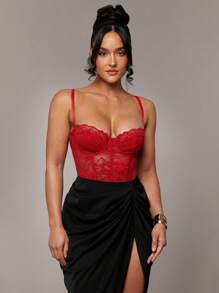 Silquee 红色性感蕾丝吊带背心，蕾丝拼接细肩带透视修身长袖吊带背心，百搭，适合日常穿着、约会之夜、外出 - 紅色 - 查看 2