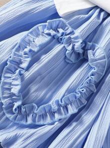 SHEIN Uroczy dziewczęcy zestaw 2 szt.: bluzka z falbaniastymi rękawami i okrągłym dekoltem + spodnie w kształcie latarni, niebieski