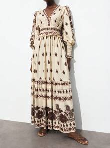 Maija Women V-Neck Long Sleeve Print Pleated Casual Dress Romantic, Fashion, Versatile; Suitable For Summer Vacation, Comfortable, Bohemian Style, Beach Wear, Swimsuit Cover-Up, Stylish, Elegant, Casual, , Simple Daily Wear, Country Style, Essential, Solid Color, Holiday Casual, Decent, Single Lady, Ideal For Vacation Elegant Fashion Business Casual Woman Going Out Tops Graduation Outfit European Summer Hawaii Outfits Women Summer Dresses For Women Streetwear Women Stockholm Style Teacher Outfits For Women