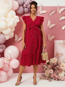 Loomaby Maternity V-Neck Tie Belt Pleated Casual Dress, Suitable For Vacation, For Baby Shower Party,, Valentine's Day,Gender Reveal Dress