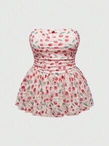 ROMWE Kawaii Plus Size Cute Sexy Vacation Lace Cherry Allover Print Bowknot Ruched Stretch Babydoll Tube Top - Multicolor - View 1