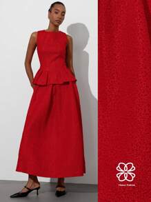 Aveloria Modichic 2pcs/Set Women's Red Romantic Party Outfit - Sleeveless Jacquard Top With Layered Waist Detail & Extra Long Skirt, Elevated Look