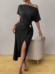 Calvaya Abito da donna elegante e comodo, con orlo asimmetrico e spacco, di colore unito