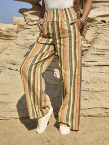 LanaWest Pantalones casuales de vacaciones con cordón para la cintura y rayas de colores del arcoíris, estilo country para festivales de música