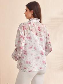 SHEIN Maternity Floral Print Tie Neck Long Sleeve Blouse - Pink - View 2