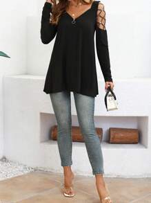 SHEIN LUNE Camiseta casual de mujer con manga hueca y adorno de strass con cremallera