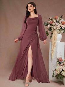 Long Sleeve Chiffon Dress With Pleats, Slits, Open Back And Waist Tie, Bridesmaid Dress, Bride Dress, Birthday Women Outfits, Graduation Dress, Formal Dress